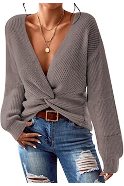 OEM - Women's Sweater, Ash Gray, Size S, Deep V-neck, Asymmetric Hem