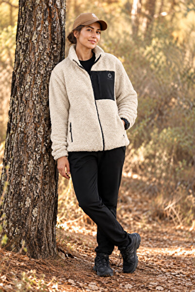 TKT Women's Oversize Zippered 3-Pocket Welsoft Plush Fleece Ecru Jacket