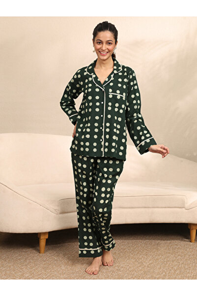Libas By Styli Dark Green Polka Dot Shirt And Pants Set