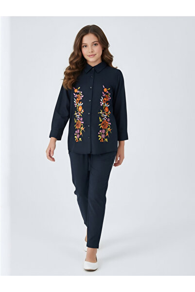 Bella Moda By Styli Girls Navy Blue Embroidered Shirt And Trousers Set