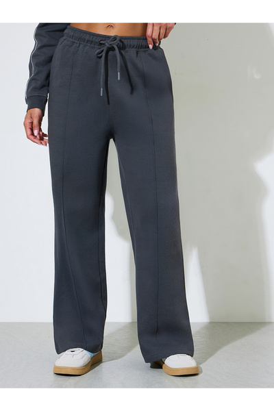 Styli Charcoal Solid Wide Leg Mid Rise Joggers