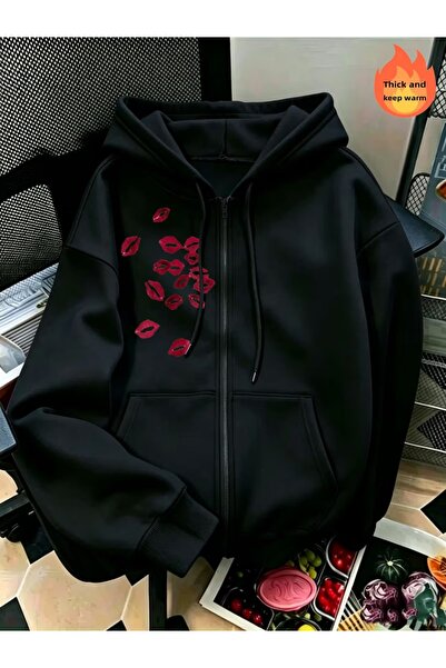 Toum Kiss Design Oversize Zippered Unisex Hooded Cardigan