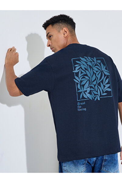 Styli Navy Blue Graphic Print Oversized T-Shirt