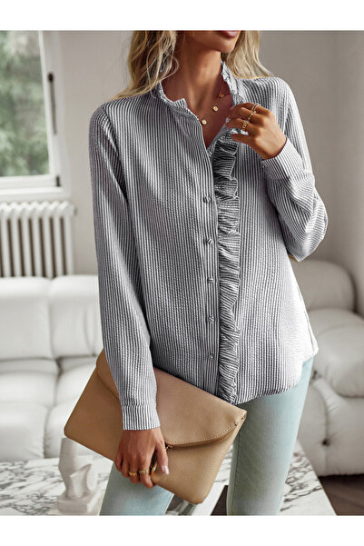 Take Two By Styli Grey Striped Ruffle Long Sleeve Shirt