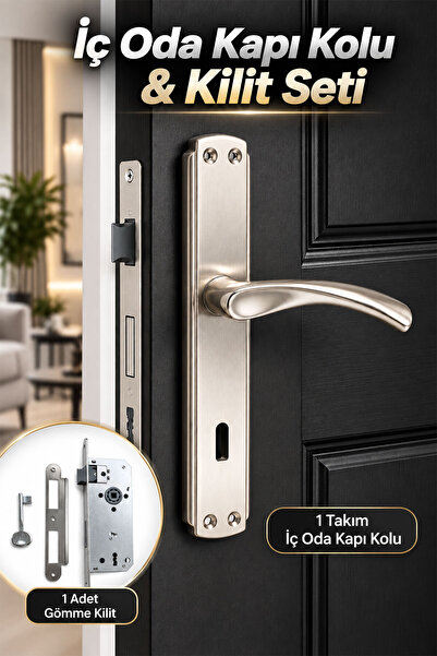 Badem10 Mina Aynalı İç Oda Kapı Kolu 1 Takım + 40 mm Sessiz Gömme Kilit 1 Ade...