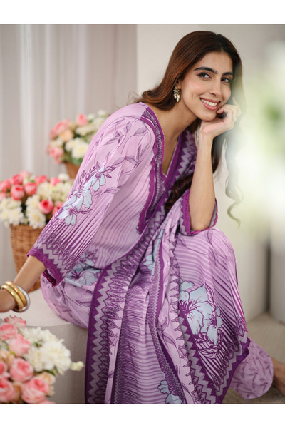 Libas By Styli Pink Printed Cotton Blend Straight Kurta With Trouser And Dupa...