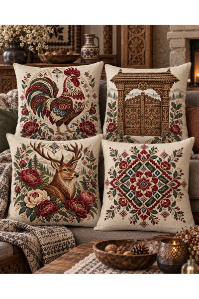 menesahome Romanian Themed Rooster, Deer and Ethnic Motifs Digital Printed Set of 4 Gift Throw Pillow Covers