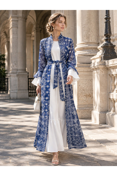 Greneric Women's Elegant Blue Embroidered Abaya Dress – Luxury Long Robe for ...