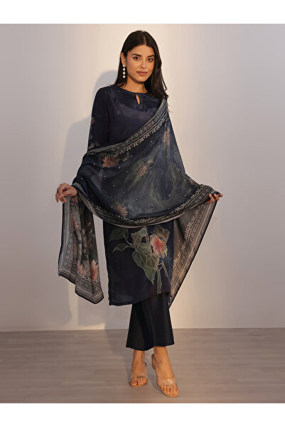 Libas By Styli Printed Silk Blend Straight Kurta, Trousers And Dupatta Set