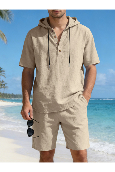 Take Two By Styli Mens Beige Linen Trousers And Hooded Top Co-Ord Set