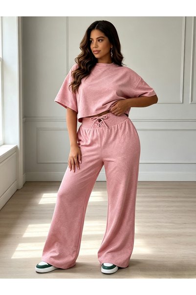 Take Two By Styli Pink Knitted Two-Piece Lounge Set With Wide-Leg Trousers