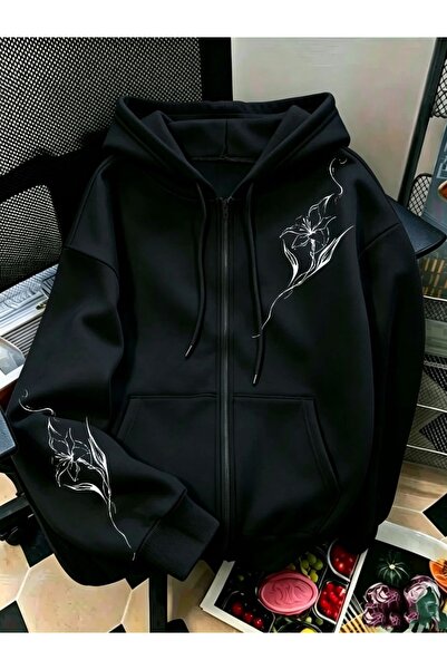 Toum Monochrome Flora Design Oversize Zippered Unisex Hooded Cardigan