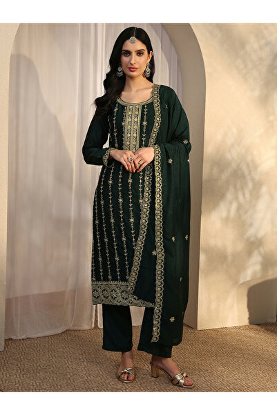 Libas By Styli Dark Green Printed Silk Blend Straight Kurta, Trousers And Dup...
