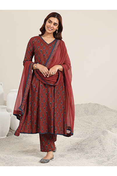 Libas By Styli Maroon Printed Cotton A-Line Kurta And Trousers Set And Dupatta
