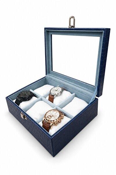 STAND MARKET Watch Box for 6 Watches, Navy Blue Crocodile Wood