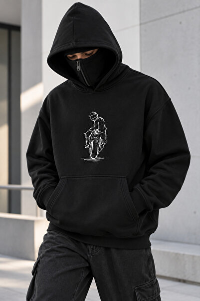 Joetsu Men's Oversize Motorcycle Printed Zippered Hooded Sweatshirt with Mask...