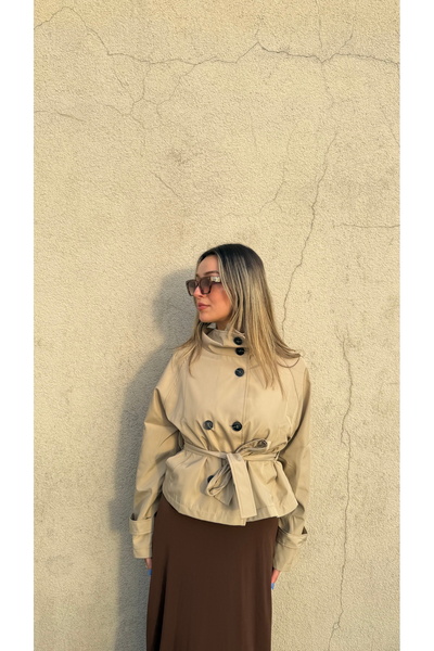 BELİS WEAR Women's Stand Collar Back Windbreaker Detailed Belted Short Trench Coat Jacket Trench