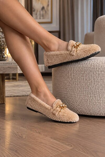 ModaMert Women's Beige Chain Detailed Comfortable Ballerina Shoes Suitable fo...