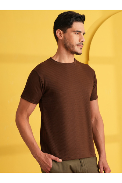 REPRISE By Styli Brown Solid Round Neck Ribbed Knit T-Shirt