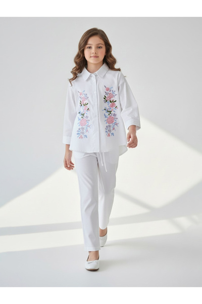 Bella Moda By Styli Girls White Floral Embroidered Shirt And Trousers Set
