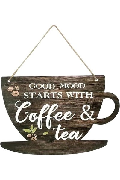 SYOSI Wooden Wall Sign with Coffee and Tea Quote, Good Moon Starts With Coffe...