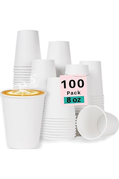 Home Zone 100 Pack 8 oz White Disposable Paper Coffee Cups, Durable Leak-Proo...