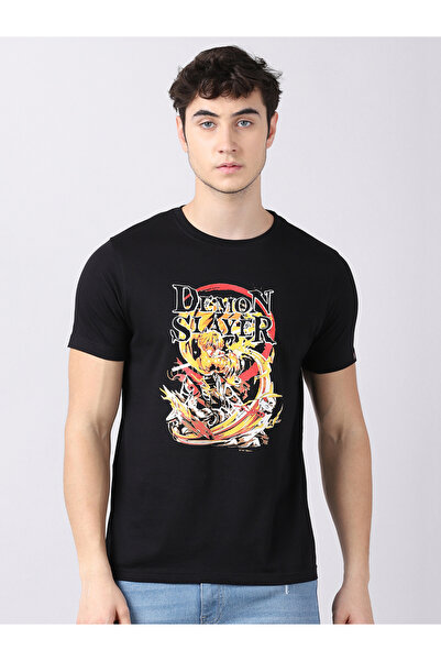 Bushirt By Styli تي شيرت أسود بطباعة جرافيك من Black Demon Slayer برقبة دائرية