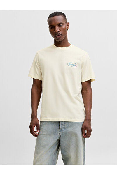 Jack & Jones Beige Jorriviera Graphic Print Crew Neck Short Sleeves T-Shirt