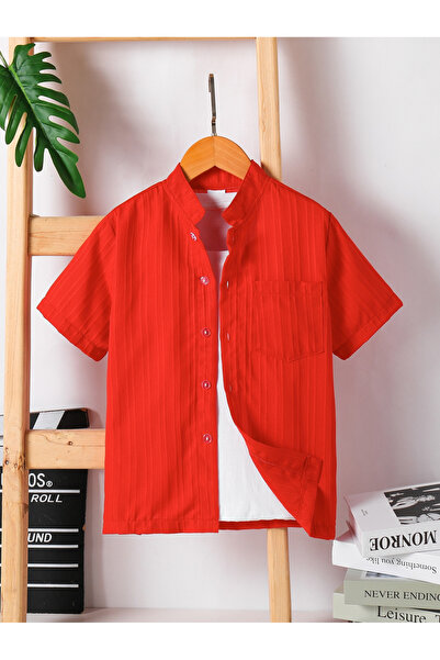 Take Two By Styli Boys Red Short Sleeve Button-Up Shirt With Stand Collar