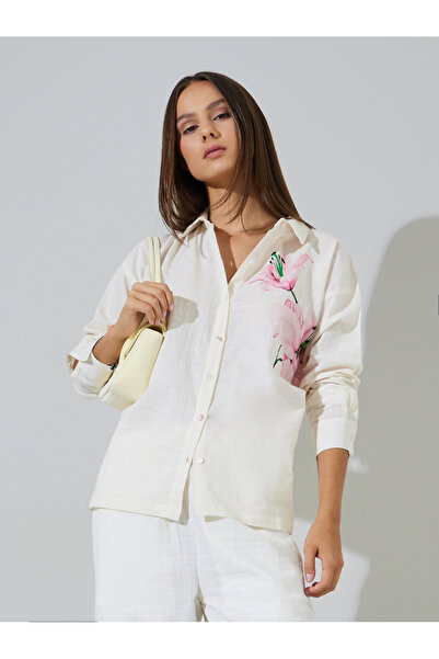 Styli Off White Floral Print Long Sleeves Oversized Shirt