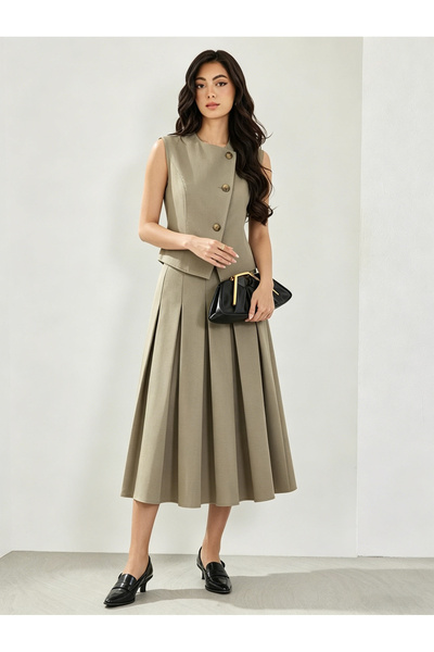 Take Two By Styli Khaki Sleeveless Waistcoat And Box-Pleated Midi Skirt Co-Ords