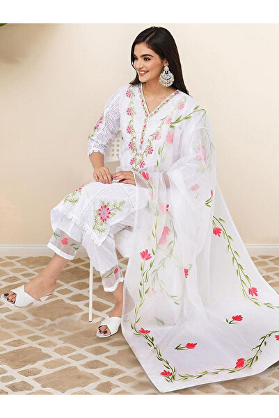 Ishin By Styli Cotton Embroidered Tunic Casual Straight Fit Kurta Set