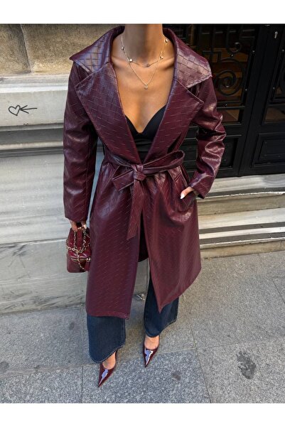 Ekim Store Patterned Belted Long Leather Trench Coat