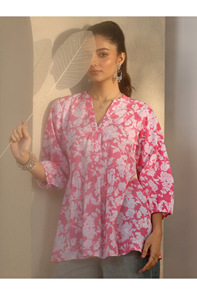 Libas By Styli Pink Printed Cotton A-Line Kurti