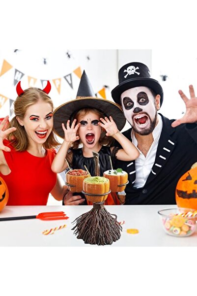 GENERAL Pumpkin Snack Bowl Stand, Broom Serving Tray with 3 Ceramic Pumpkin B...