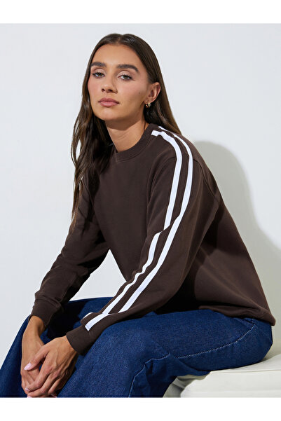 Styli Brown Side Striped Round Neck Sweatshirt