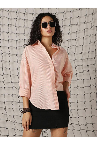 Hubberholme By Styli Orange 100% Cotton Striped Longline Oversized Shirt
