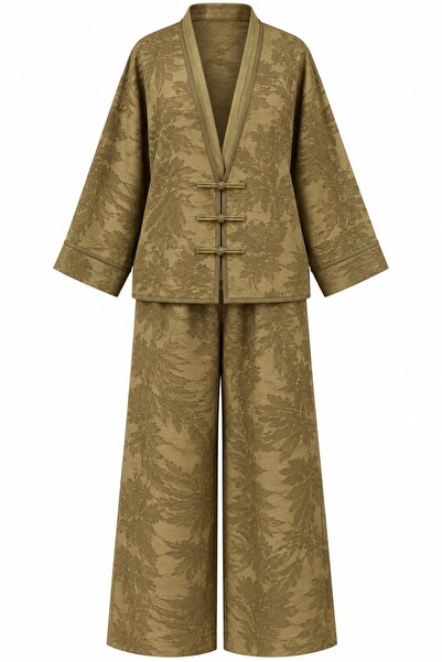 Laluvia Khaki Jacquard Kimono Set - 51479