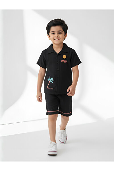 Bella Moda By Styli Boys Black Embroidered Short Sleeves Shirt And Shorts Set