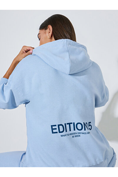 Styli Light Blue Slogan Print Longline Oversized Hoodie