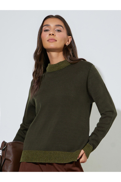 Styli Olive Green Solid Mixed Yarn Regular Fit Sweater