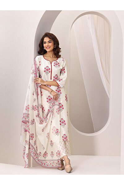 Libas By Styli Off White Printed Silk Blend Straight Kurta, Trousers And Dupa...