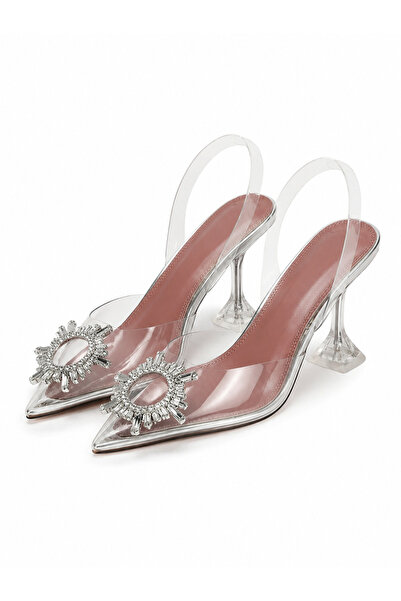 Take Two By Styli Silver Pointed-Toe Mid Heel Slingback Sandals With Rhinesto...