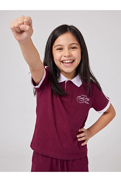 Styli Teen Girls Burgundy Printed Polo T-Shirt And Wide Leg Joggers Set