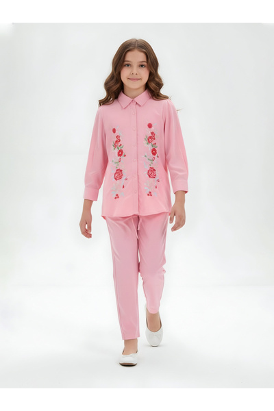 Bella Moda By Styli Girls Pink Floral Embroidered Shirt And Trousers Set