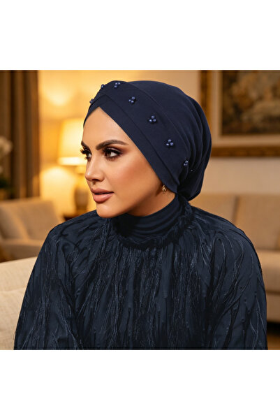 Take Two By Styli حجاب توربان مزين بالخرز باللون الأزرق البحري