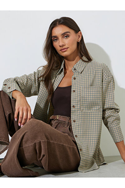 Styli Brown Checked Long Sleeves Pocket Detail Oversized Shirt