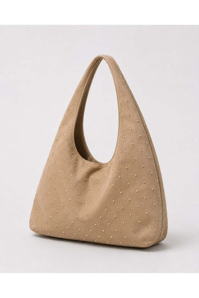 Melos Butik Women's Mink Suede Soft Textured Stoned Shopper Hand and Shoulder Bag