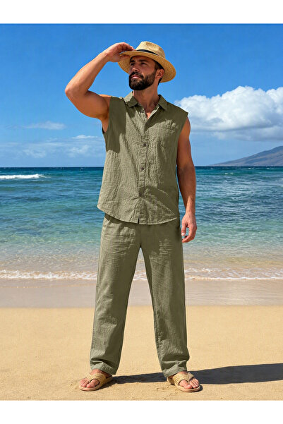 Take Two By Styli Men Green Linen Sleeveless Shirt And Trousers Set