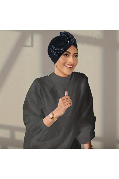 Take Two By Styli Black Turban Hijab with Rhinestone Rose Embellishment